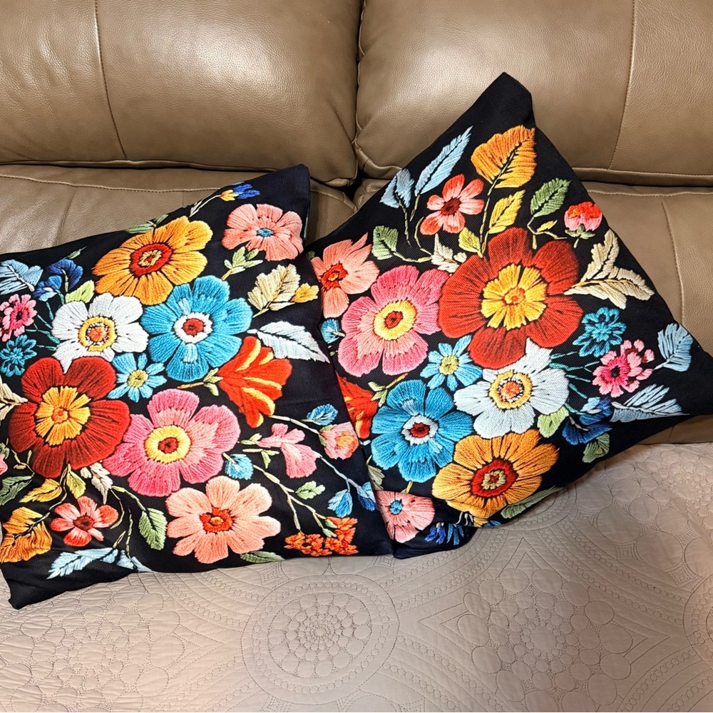 Hand-Embroidered Look Floral Throw Pillows - Black Background Multicolor Flowers